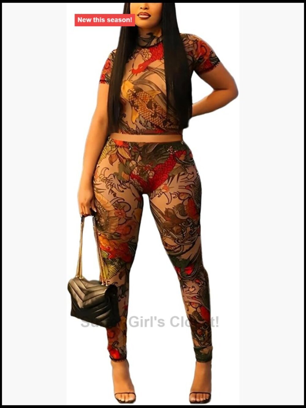Sexy Mesh Print See Through Two Piece Bodycon Set